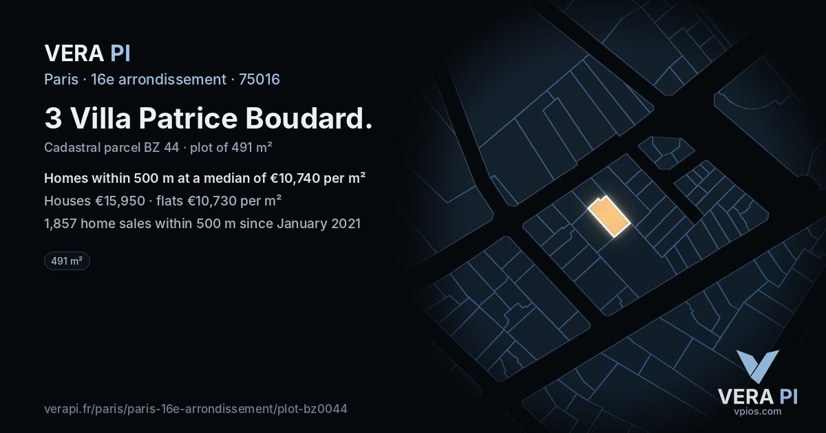 3 Villa Patrice Boudard, 16e arrondissement at night – the plot lit, the parcels around coloured by the prices near them