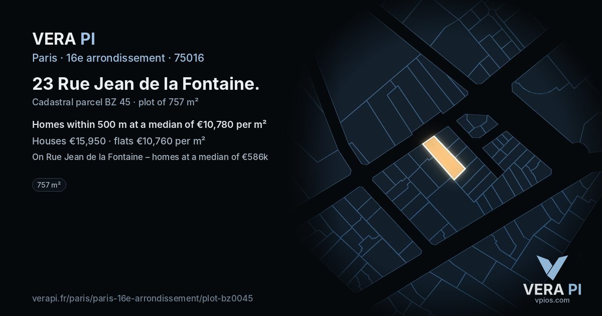 23 Rue Jean de la Fontaine, 16e arrondissement at night – the plot lit, the parcels around coloured by the prices near them