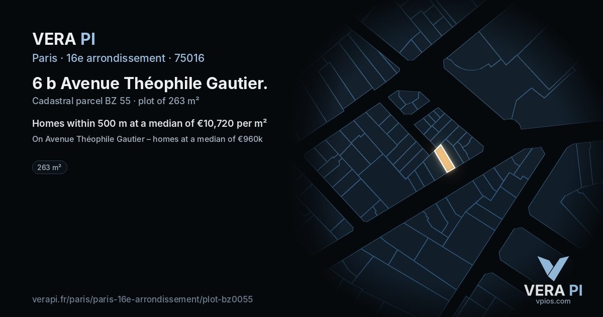 6 b Avenue Théophile Gautier, 16e arrondissement at night – the plot lit, the parcels around coloured by the prices near them