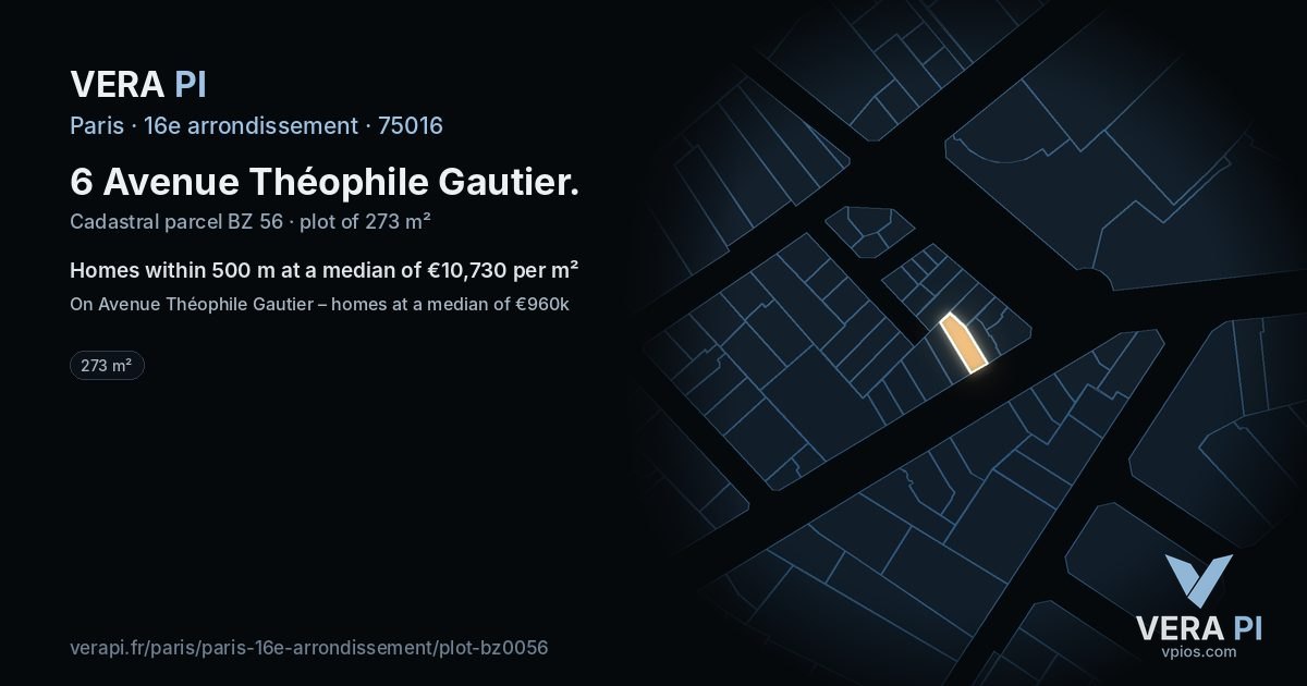 6 Avenue Théophile Gautier, 16e arrondissement at night – the plot lit, the parcels around coloured by the prices near them