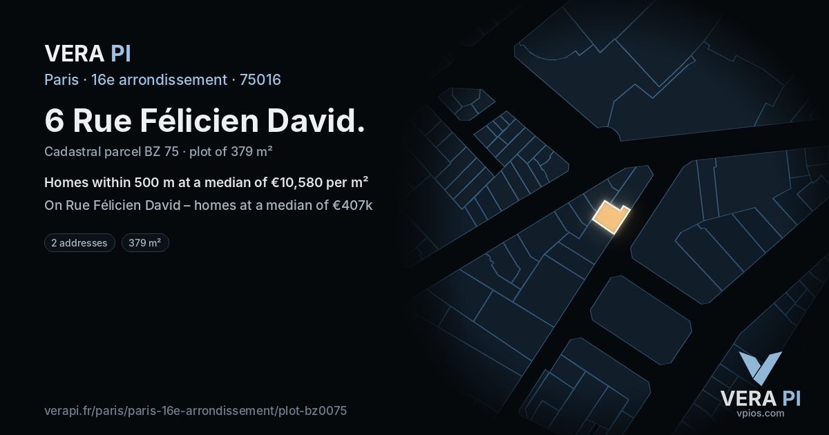 6 Rue Félicien David, 16e arrondissement at night – the plot lit, the parcels around coloured by the prices near them