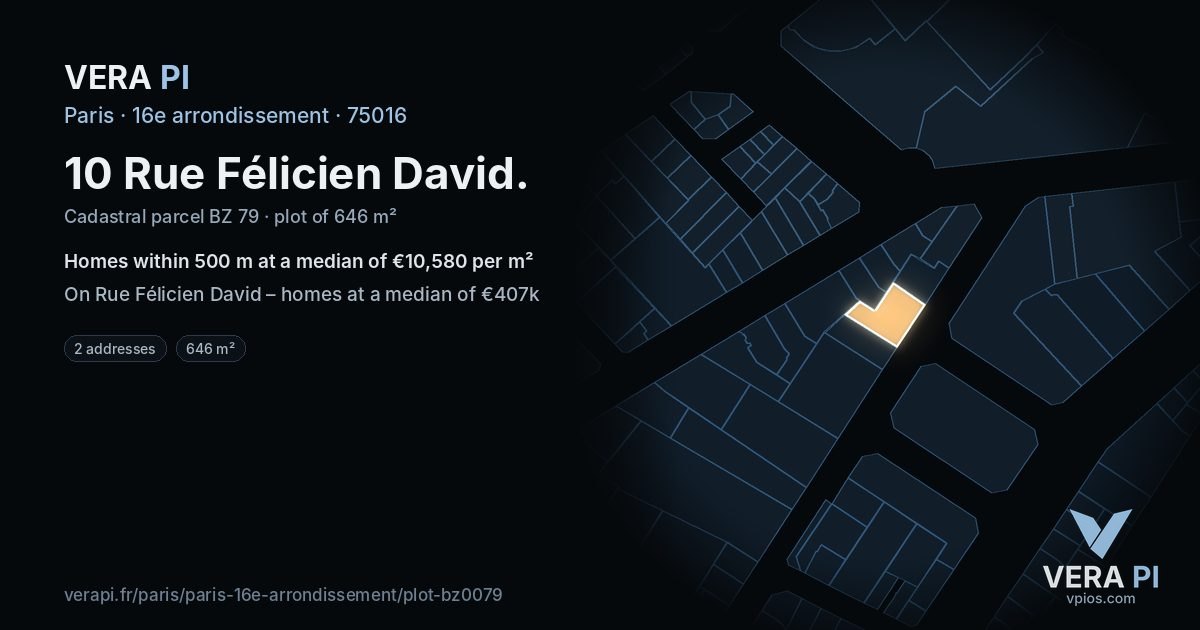 10 Rue Félicien David, 16e arrondissement at night – the plot lit, the parcels around coloured by the prices near them