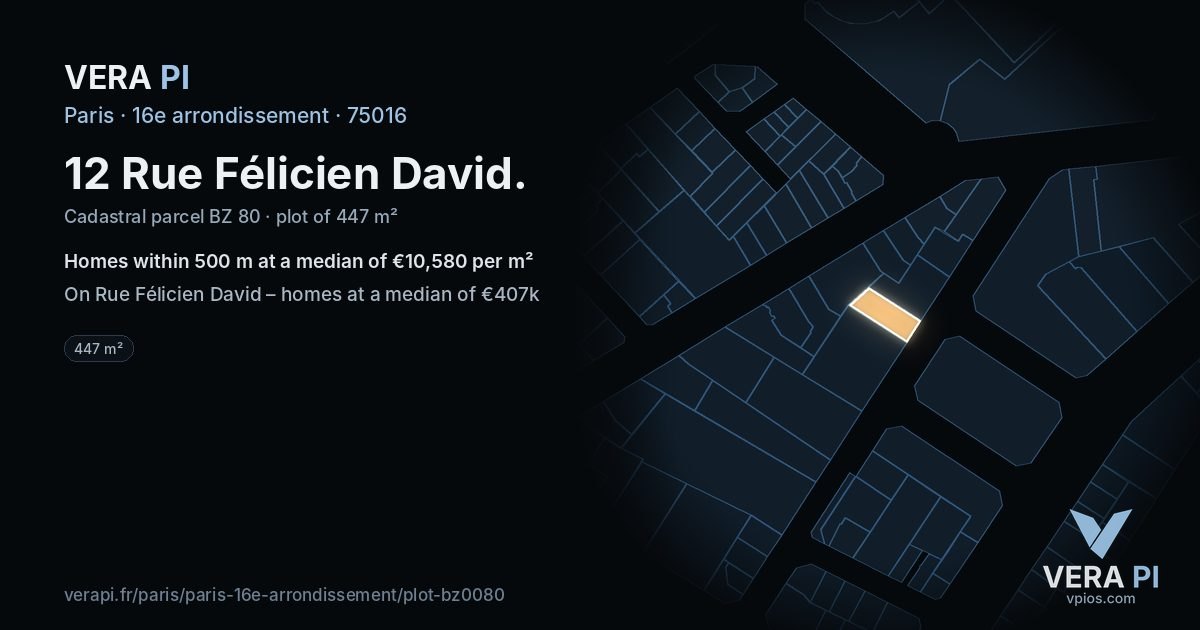 12 Rue Félicien David, 16e arrondissement at night – the plot lit, the parcels around coloured by the prices near them