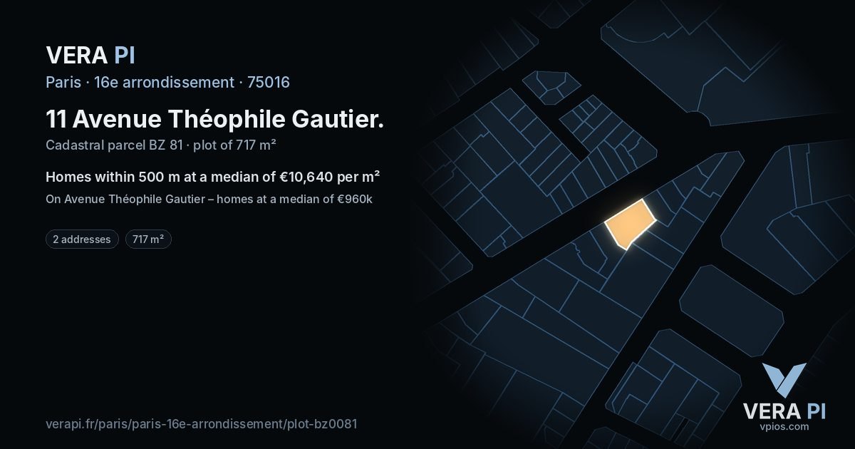 11 Avenue Théophile Gautier, 16e arrondissement at night – the plot lit, the parcels around coloured by the prices near them