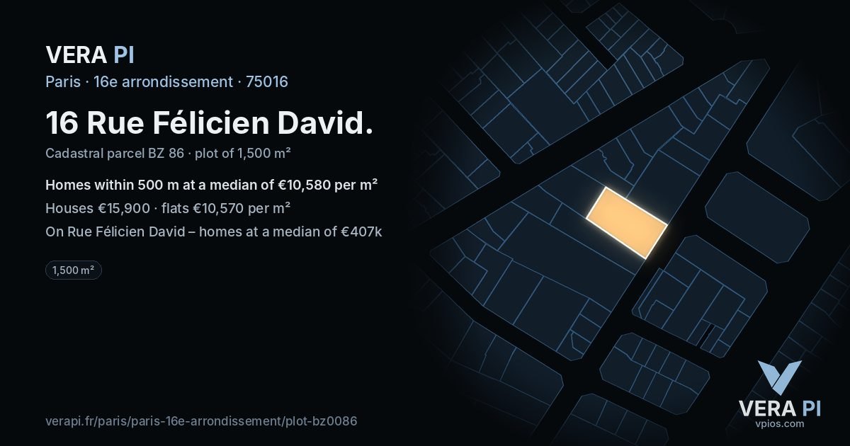 16 Rue Félicien David, 16e arrondissement at night – the plot lit, the parcels around coloured by the prices near them