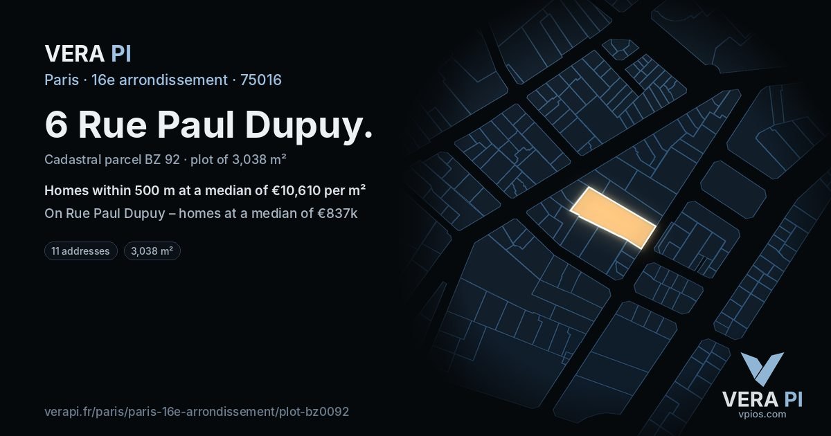 6 Rue Paul Dupuy, 16e arrondissement at night – the plot lit, the parcels around coloured by the prices near them