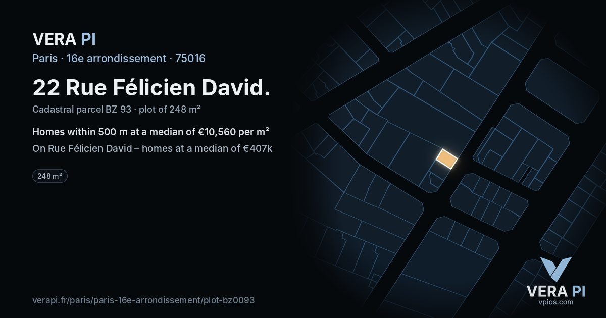 22 Rue Félicien David, 16e arrondissement at night – the plot lit, the parcels around coloured by the prices near them