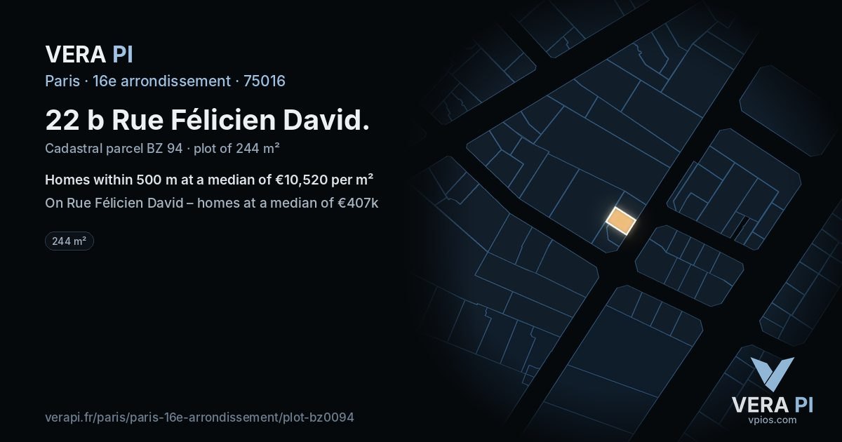 22 b Rue Félicien David, 16e arrondissement at night – the plot lit, the parcels around coloured by the prices near them