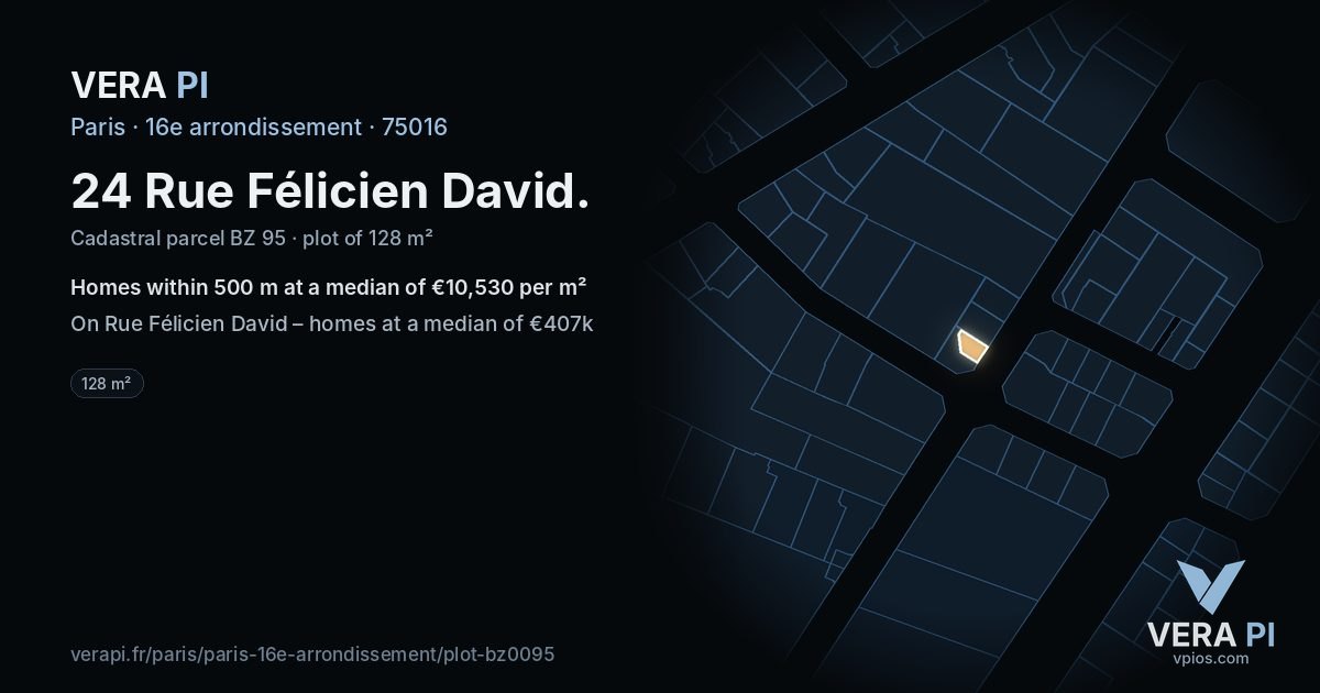 24 Rue Félicien David, 16e arrondissement at night – the plot lit, the parcels around coloured by the prices near them