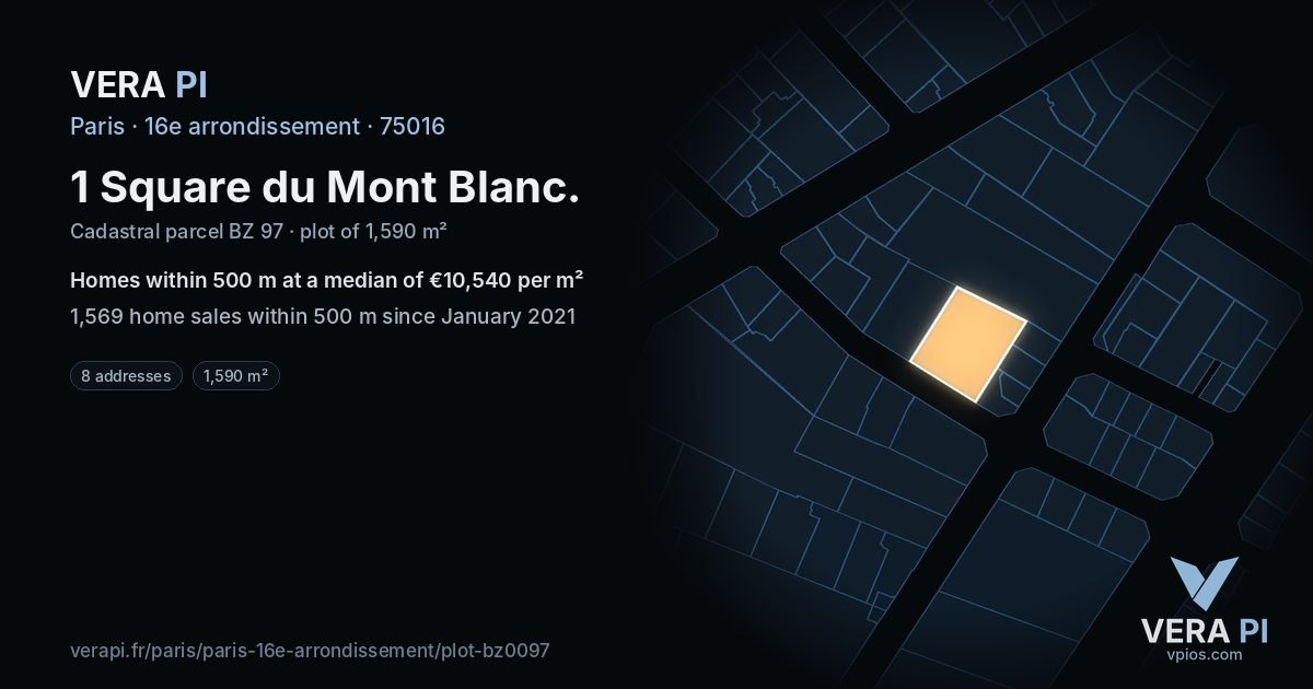 1 Square du Mont Blanc, 16e arrondissement at night – the plot lit, the parcels around coloured by the prices near them