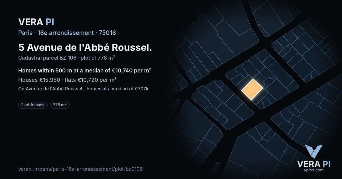 5 Avenue de l'Abbé Roussel, 16e arrondissement at night – the plot lit, the parcels around coloured by the prices near them