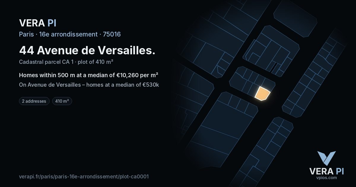 44 Avenue de Versailles, 16e arrondissement at night – the plot lit, the parcels around coloured by the prices near them