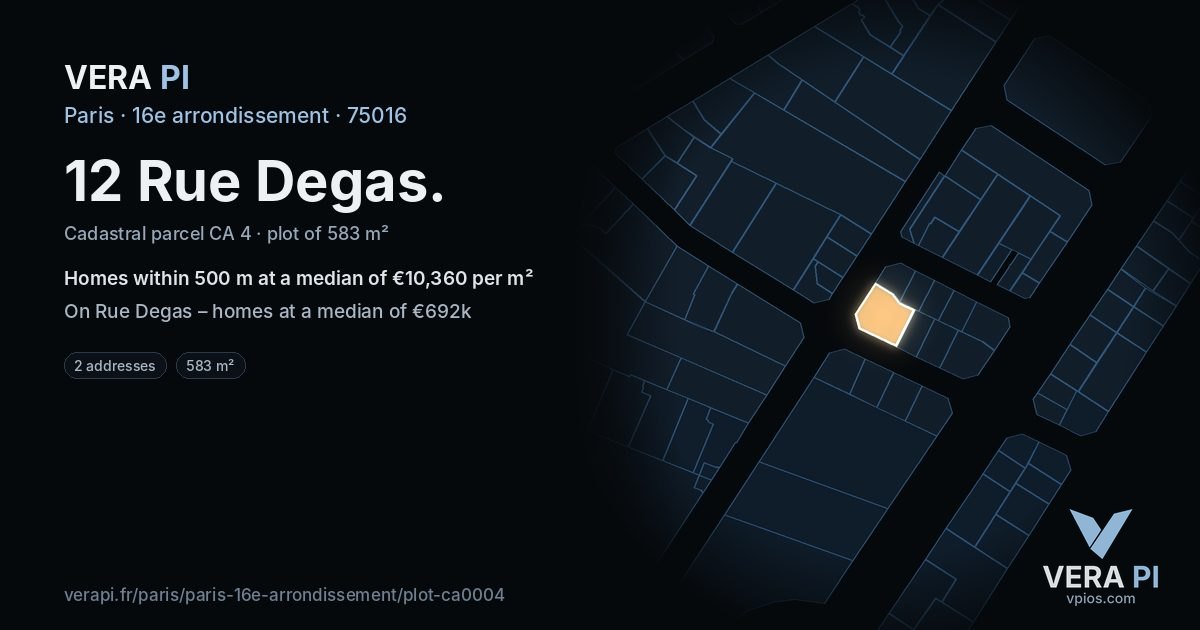 12 Rue Degas, 16e arrondissement at night – the plot lit, the parcels around coloured by the prices near them