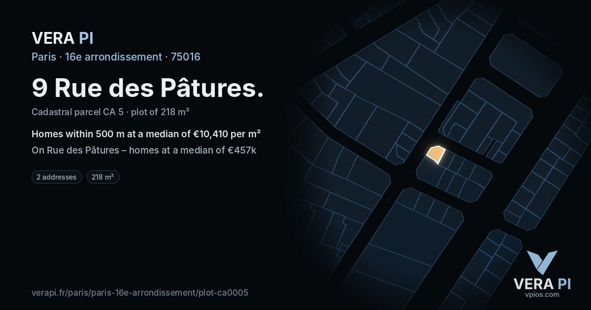 9 Rue des Pâtures, 16e arrondissement at night – the plot lit, the parcels around coloured by the prices near them