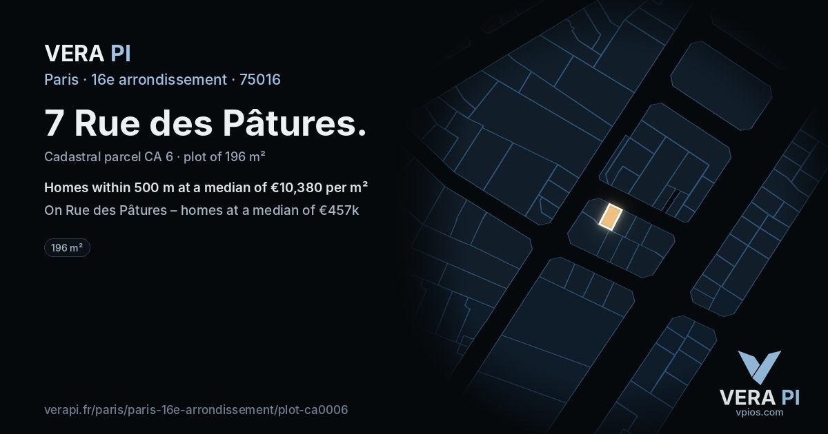 7 Rue des Pâtures, 16e arrondissement at night – the plot lit, the parcels around coloured by the prices near them
