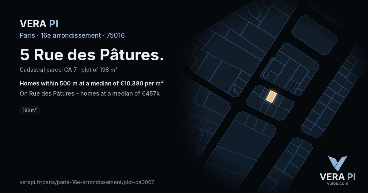 5 Rue des Pâtures, 16e arrondissement at night – the plot lit, the parcels around coloured by the prices near them
