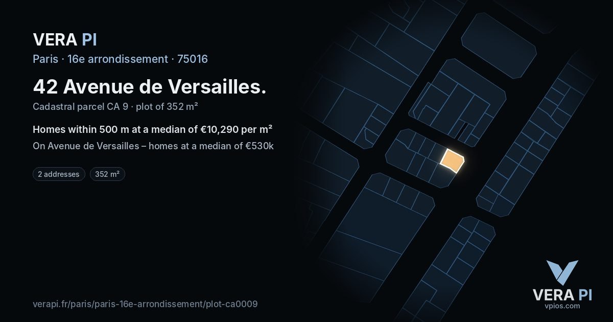 42 Avenue de Versailles, 16e arrondissement at night – the plot lit, the parcels around coloured by the prices near them