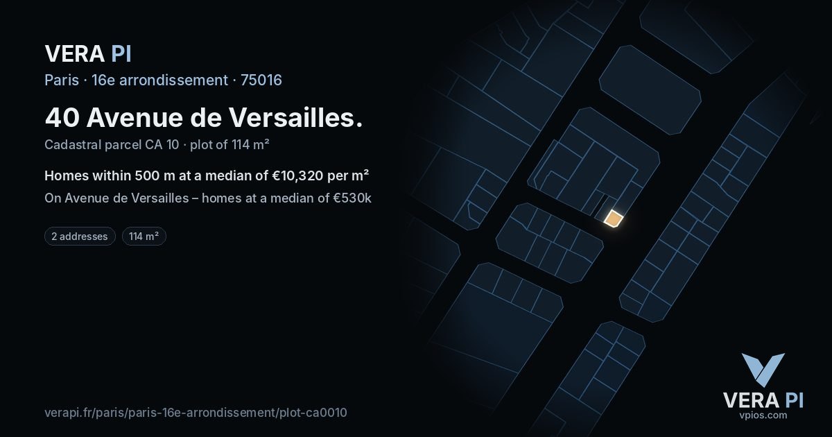 40 Avenue de Versailles, 16e arrondissement at night – the plot lit, the parcels around coloured by the prices near them