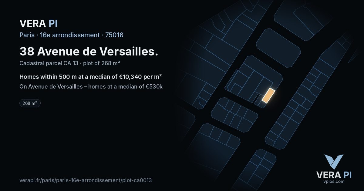 38 Avenue de Versailles, 16e arrondissement at night – the plot lit, the parcels around coloured by the prices near them