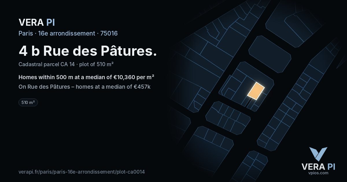 4 b Rue des Pâtures, 16e arrondissement at night – the plot lit, the parcels around coloured by the prices near them