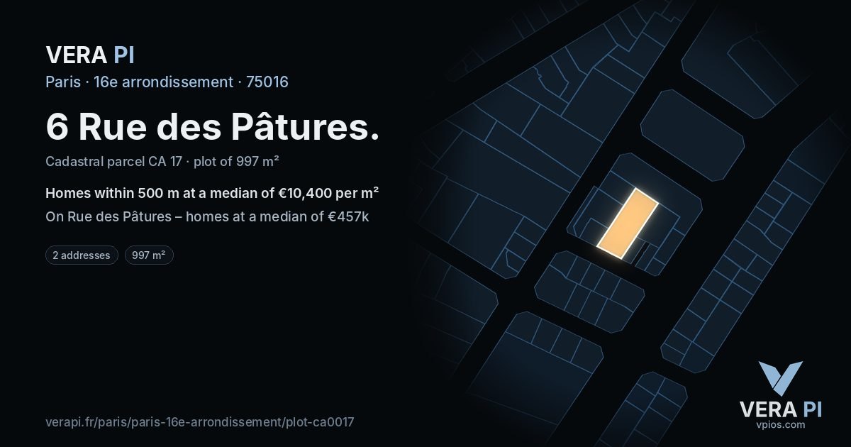 6 Rue des Pâtures, 16e arrondissement at night – the plot lit, the parcels around coloured by the prices near them