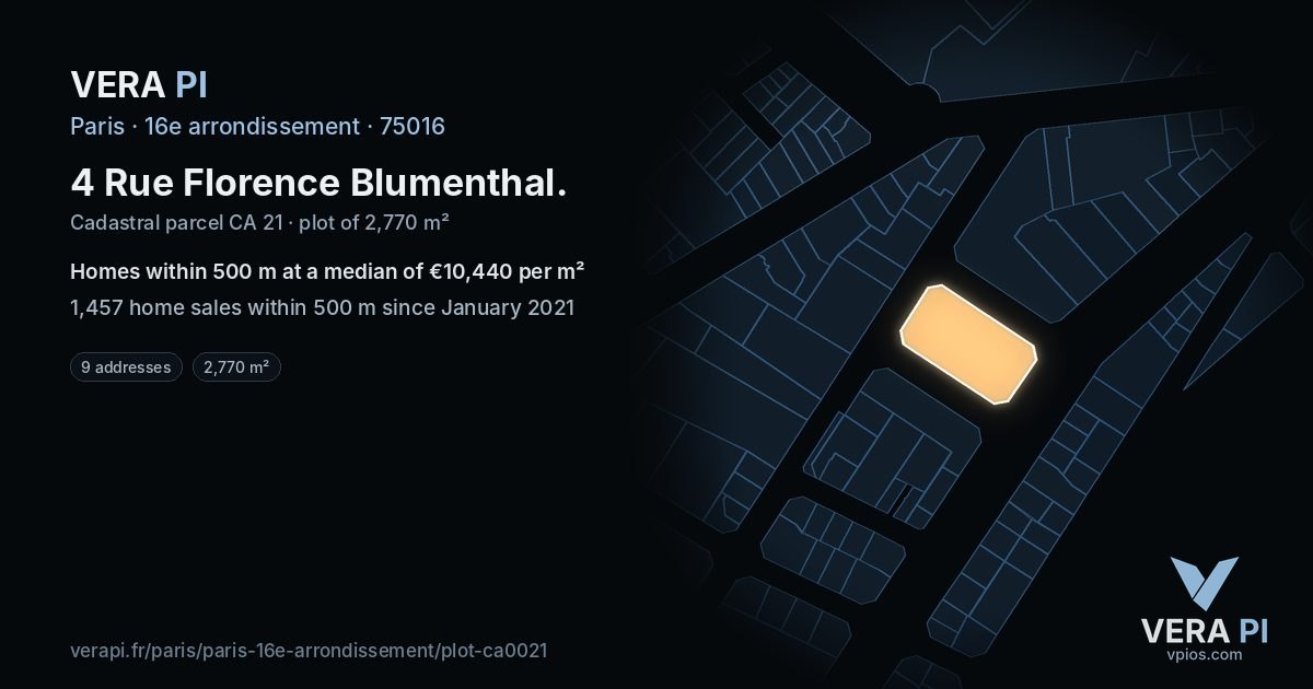 4 Rue Florence Blumenthal, 16e arrondissement at night – the plot lit, the parcels around coloured by the prices near them