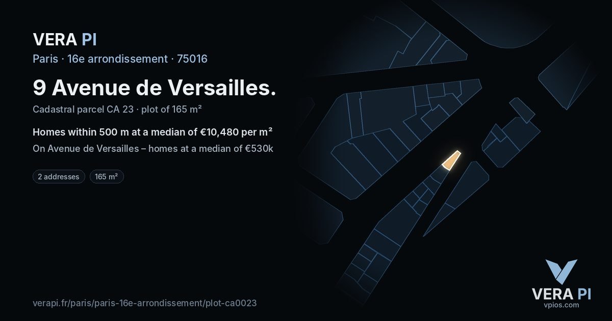 9 Avenue de Versailles, 16e arrondissement at night – the plot lit, the parcels around coloured by the prices near them