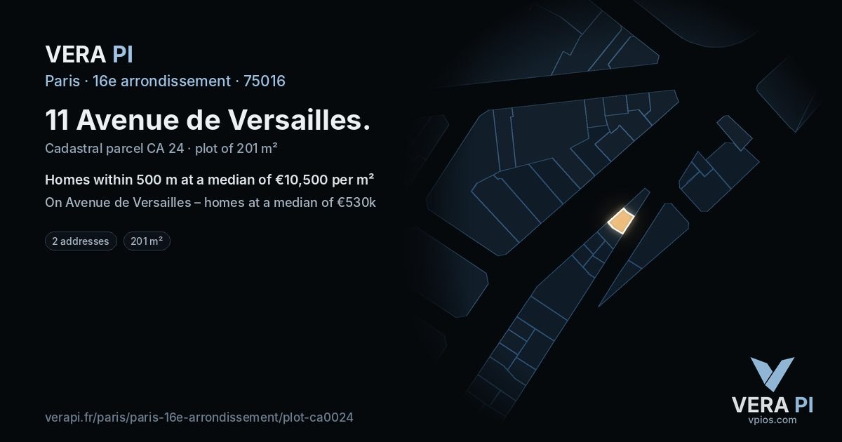 11 Avenue de Versailles, 16e arrondissement at night – the plot lit, the parcels around coloured by the prices near them