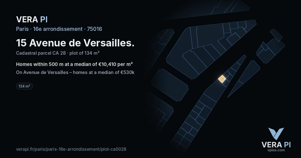 15 Avenue de Versailles, 16e arrondissement at night – the plot lit, the parcels around coloured by the prices near them