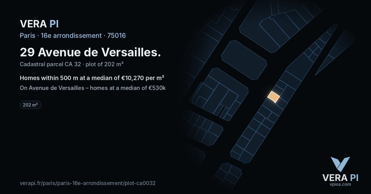 29 Avenue de Versailles, 16e arrondissement at night – the plot lit, the parcels around coloured by the prices near them