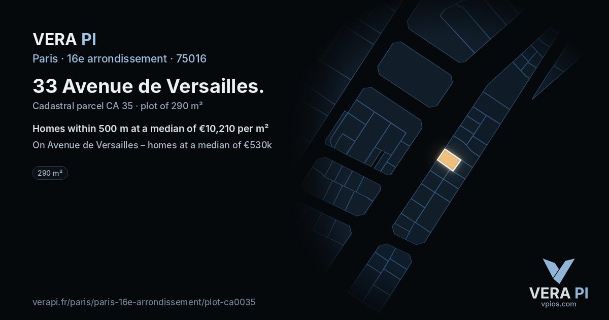33 Avenue de Versailles, 16e arrondissement at night – the plot lit, the parcels around coloured by the prices near them