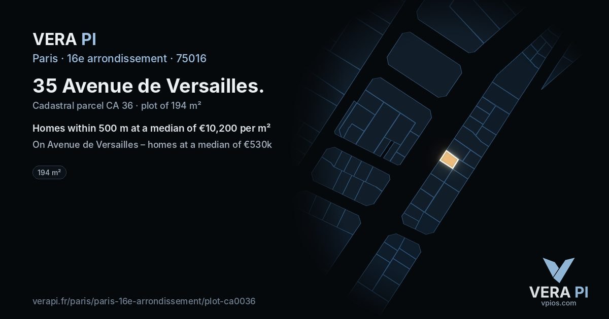 35 Avenue de Versailles, 16e arrondissement at night – the plot lit, the parcels around coloured by the prices near them
