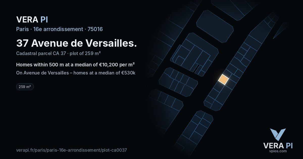 37 Avenue de Versailles, 16e arrondissement at night – the plot lit, the parcels around coloured by the prices near them