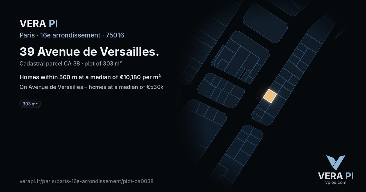39 Avenue de Versailles, 16e arrondissement at night – the plot lit, the parcels around coloured by the prices near them