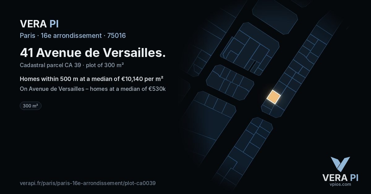 41 Avenue de Versailles, 16e arrondissement at night – the plot lit, the parcels around coloured by the prices near them