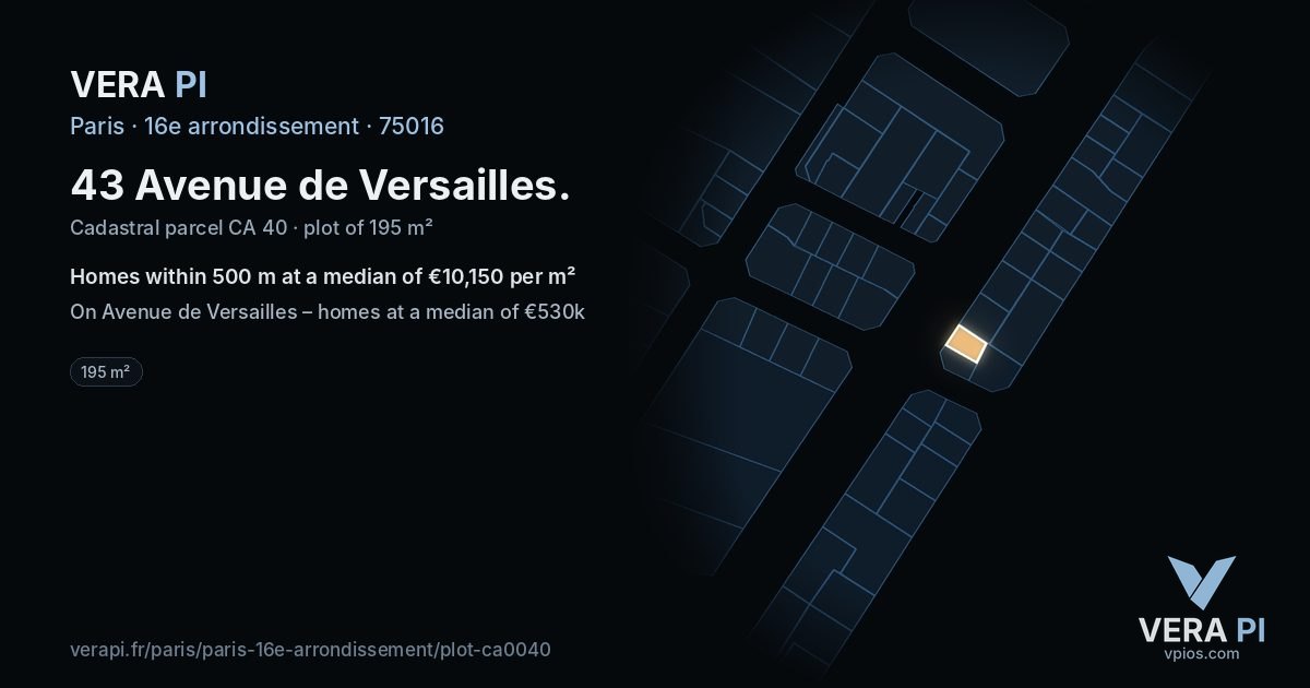 43 Avenue de Versailles, 16e arrondissement at night – the plot lit, the parcels around coloured by the prices near them