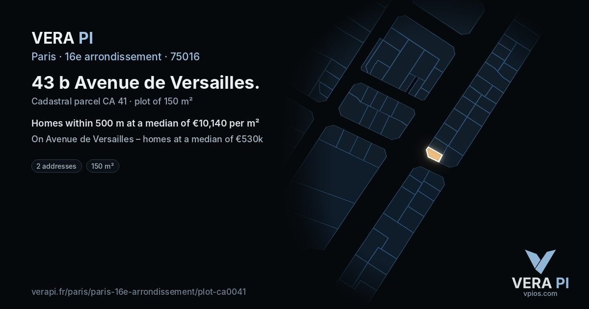 43 b Avenue de Versailles, 16e arrondissement at night – the plot lit, the parcels around coloured by the prices near them