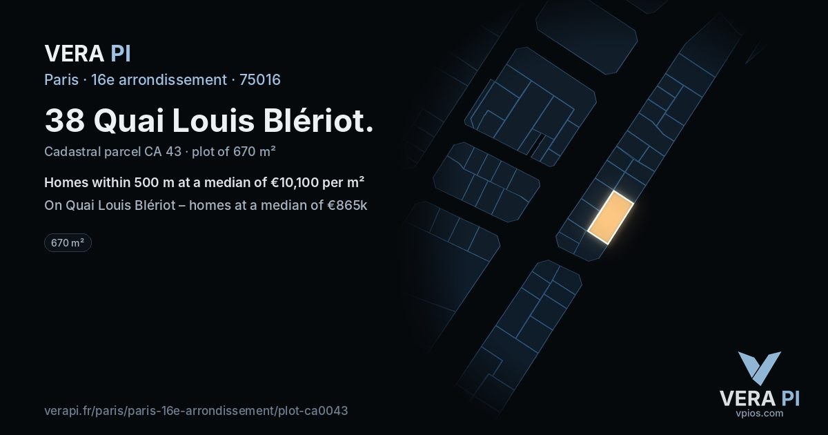38 Quai Louis Blériot, 16e arrondissement at night – the plot lit, the parcels around coloured by the prices near them