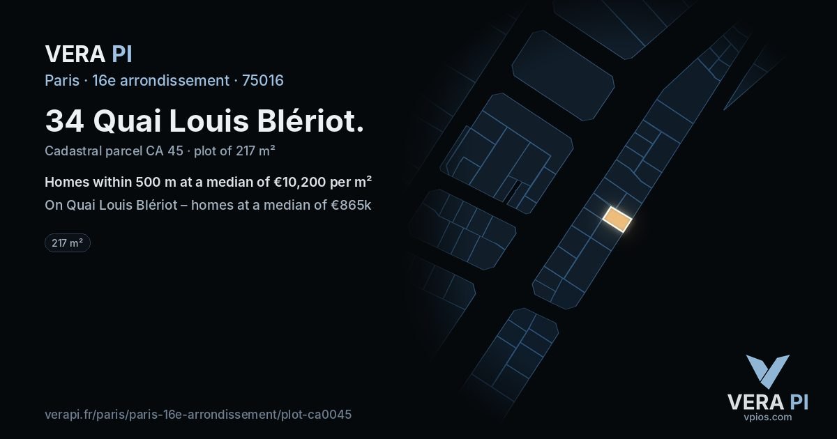 34 Quai Louis Blériot, 16e arrondissement at night – the plot lit, the parcels around coloured by the prices near them
