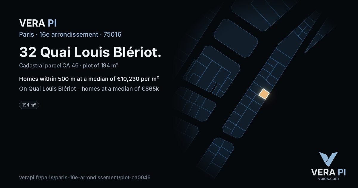 32 Quai Louis Blériot, 16e arrondissement at night – the plot lit, the parcels around coloured by the prices near them