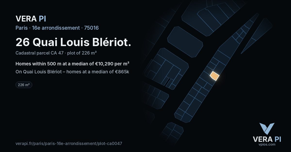 26 Quai Louis Blériot, 16e arrondissement at night – the plot lit, the parcels around coloured by the prices near them