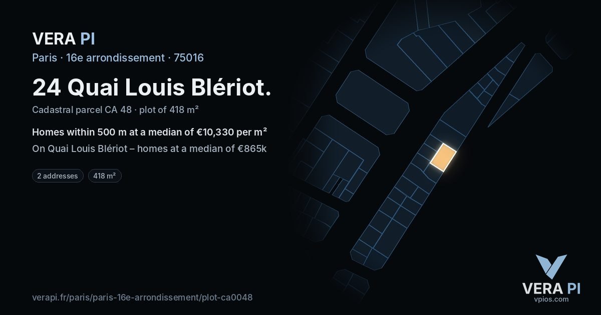 24 Quai Louis Blériot, 16e arrondissement at night – the plot lit, the parcels around coloured by the prices near them