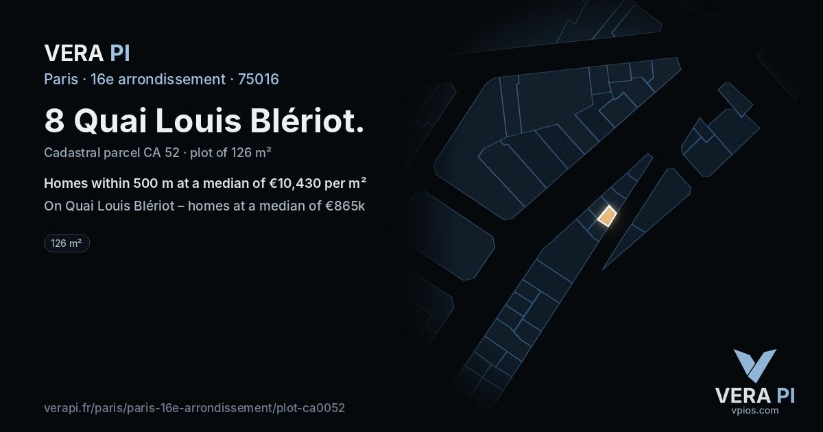 8 Quai Louis Blériot, 16e arrondissement at night – the plot lit, the parcels around coloured by the prices near them