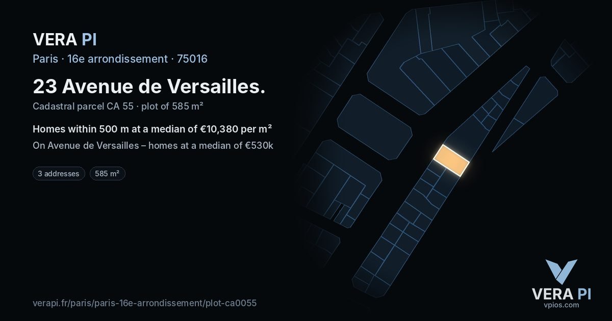 23 Avenue de Versailles, 16e arrondissement at night – the plot lit, the parcels around coloured by the prices near them