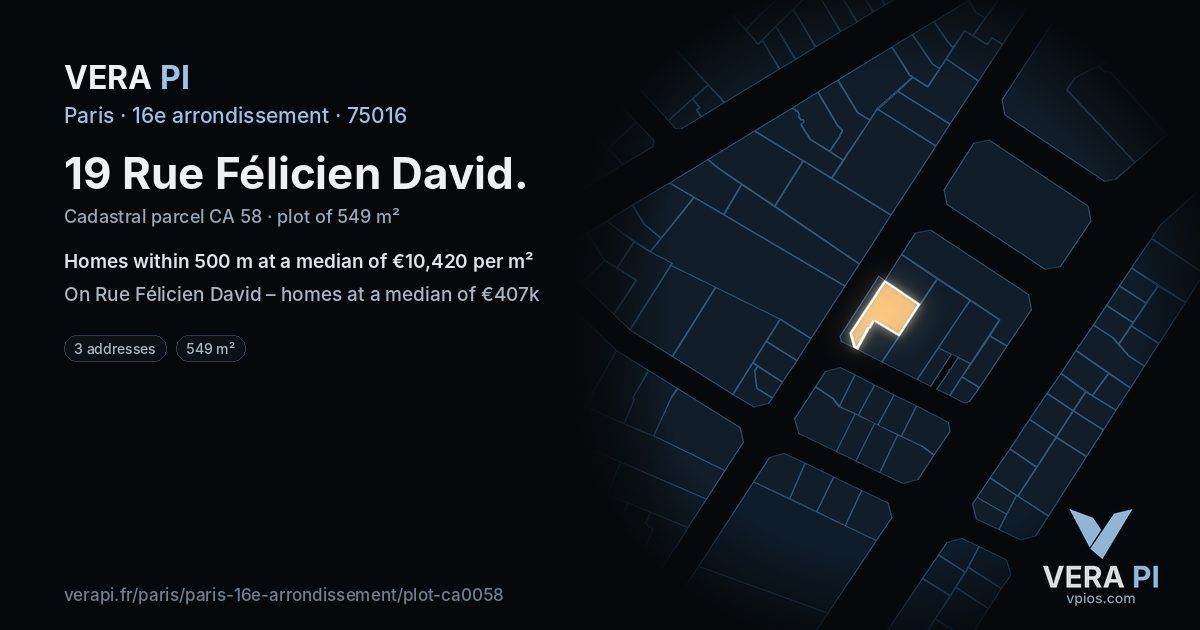 19 Rue Félicien David, 16e arrondissement at night – the plot lit, the parcels around coloured by the prices near them