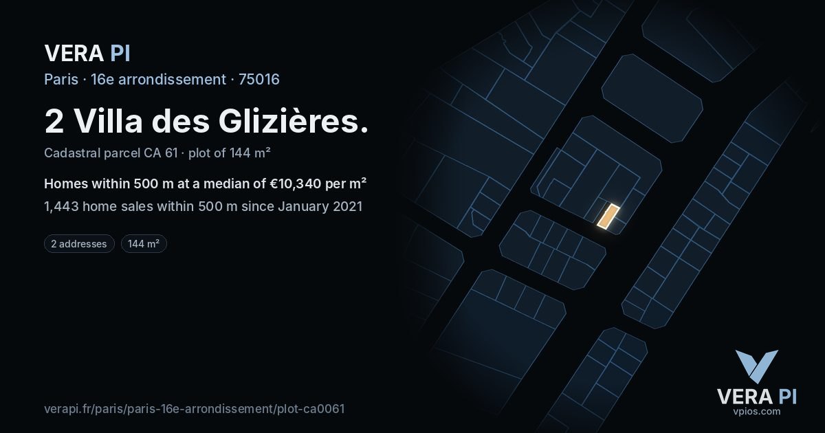 2 Villa des Glizières, 16e arrondissement at night – the plot lit, the parcels around coloured by the prices near them