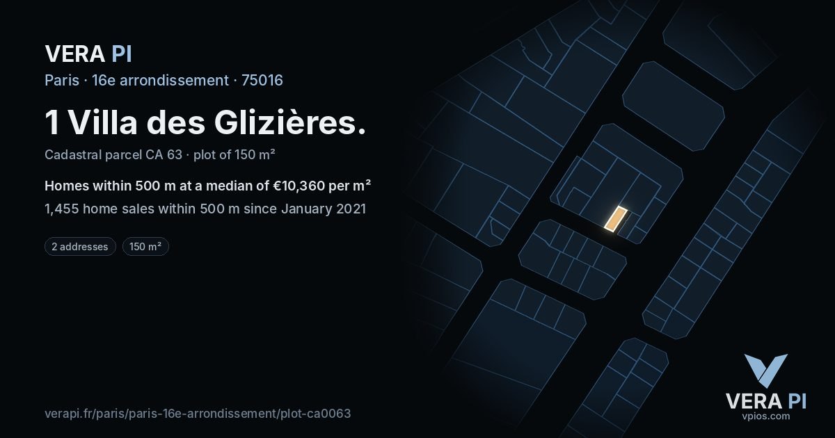 1 Villa des Glizières, 16e arrondissement at night – the plot lit, the parcels around coloured by the prices near them