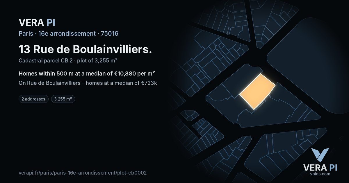 13 Rue de Boulainvilliers, 16e arrondissement at night – the plot lit, the parcels around coloured by the prices near them