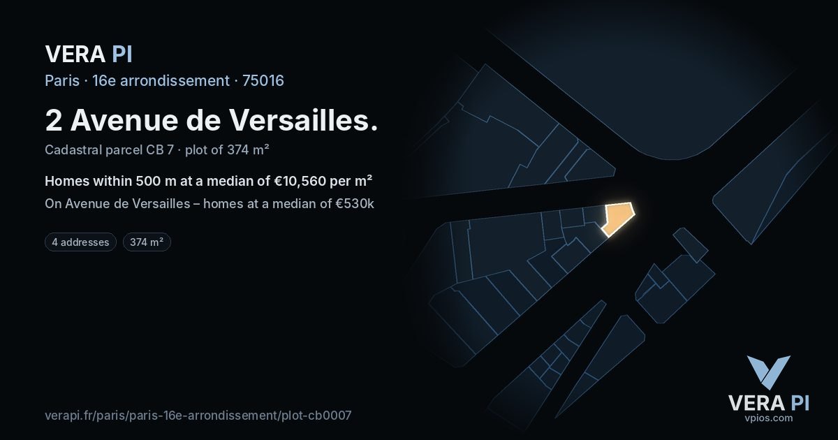 2 Avenue de Versailles, 16e arrondissement at night – the plot lit, the parcels around coloured by the prices near them