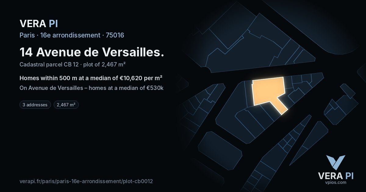 14 Avenue de Versailles, 16e arrondissement at night – the plot lit, the parcels around coloured by the prices near them